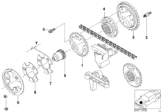 Valve train, timing chain, upper/outlet